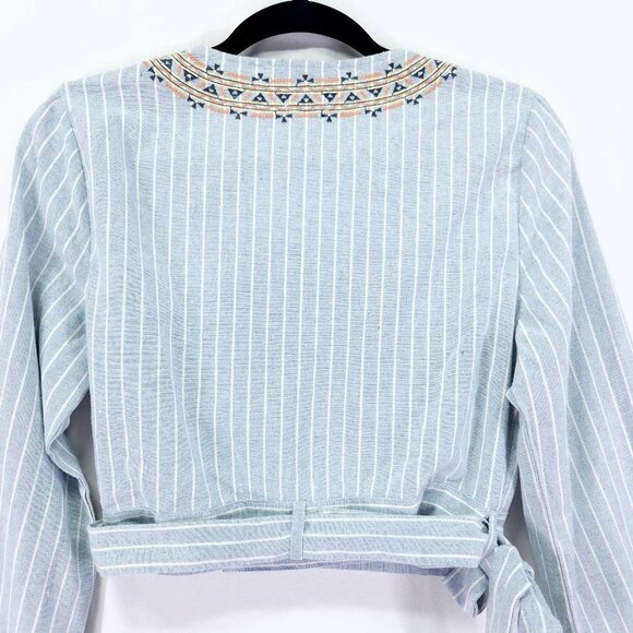 Miss Me Embroidered Linen Wrap Top Size Large Striped Crop Waist Tie Chambray - Picture 6 of 16